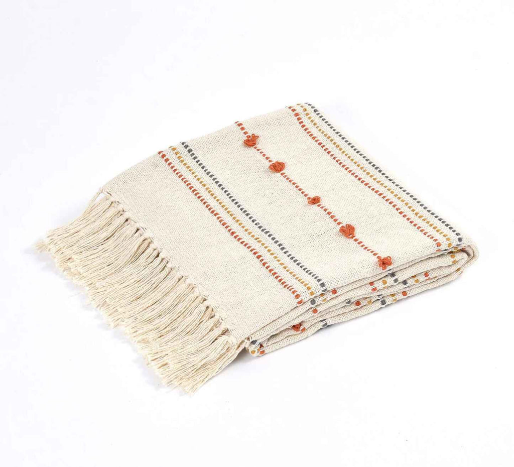 Hand Woven Cream Throw Blanket with Tassels – Boho Cotton Decor