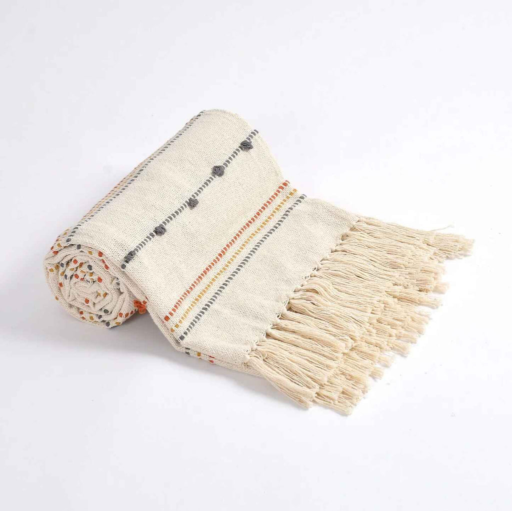Hand Woven Cream Throw Blanket with Tassels – Boho Cotton Decor