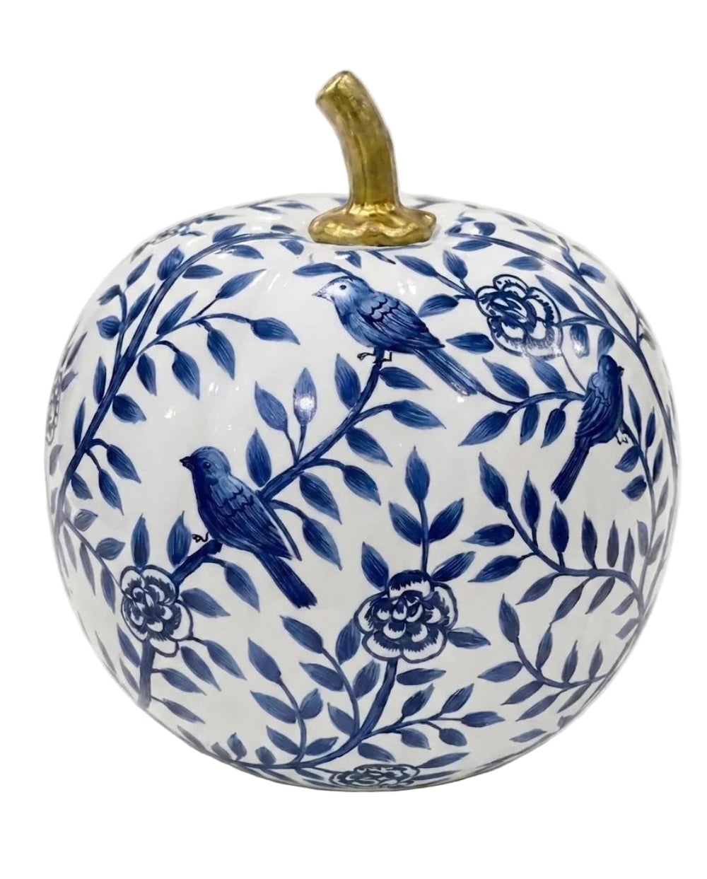 Navy Bird & Vine Hand-Painted Metal Pumpkin – 8-Inch