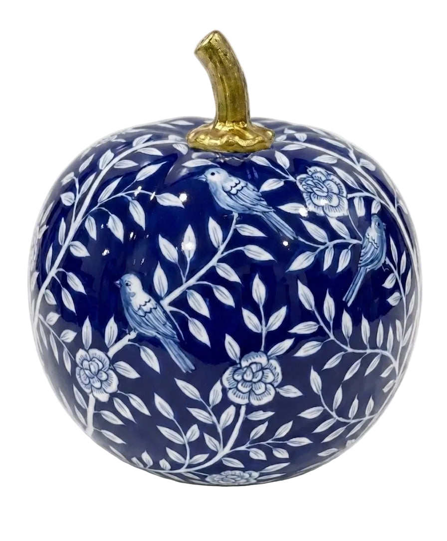 Navy Bird & Vine Silhouette Metal Pumpkin – Available in Two Sizes