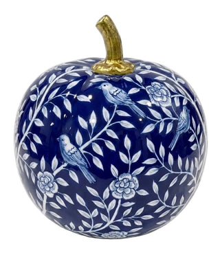 Navy Bird & Vine Silhouette Metal Pumpkin – Available in Two Sizes