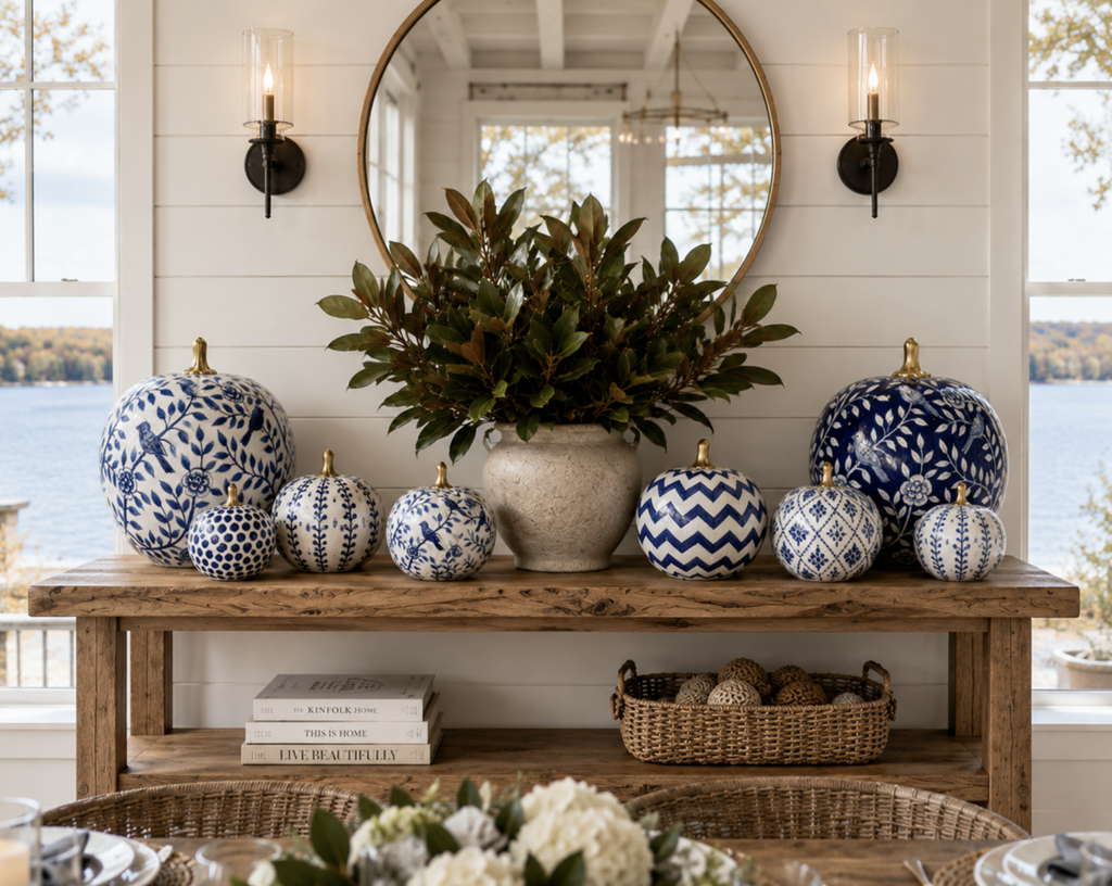 Navy Chevron Hand-Painted Metal Pumpkin – 4-Inch