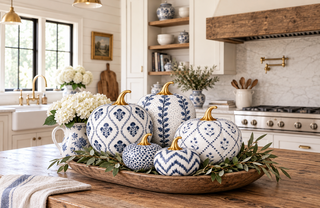 Navy Chevron Hand-Painted Metal Pumpkin – 4-Inch