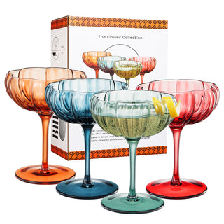 Muted Flower Coupe Cocktail Glasses Set of 4 – Elegant Colored Bar Glassware for Entertaining