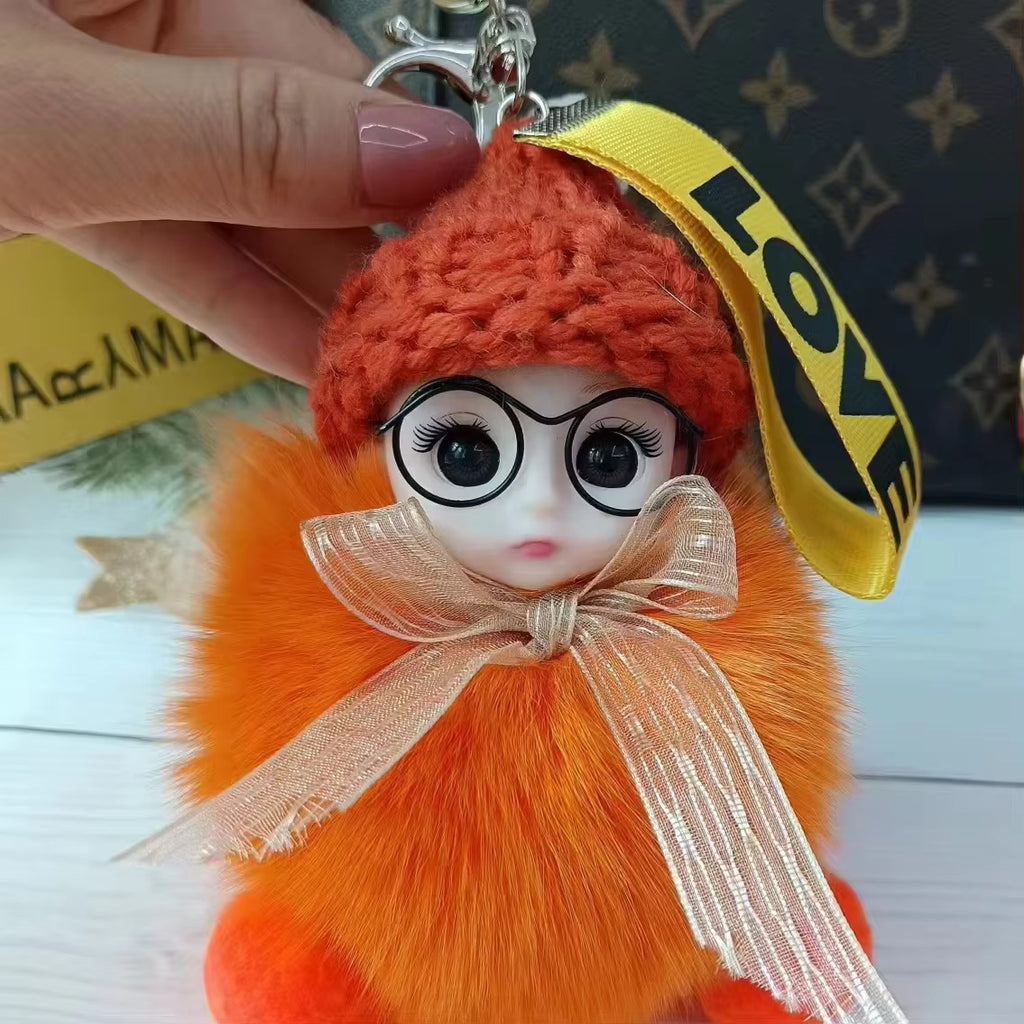 Cute Plush 3D Sleeping Baby Dolls Keychain Bag Charms with Fox Fur Pompoms