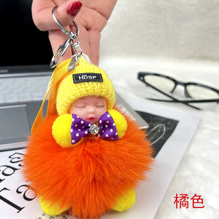 New Style Real Fox Fur Ball Pendant with Cute Sleeping Doll and Bowtie