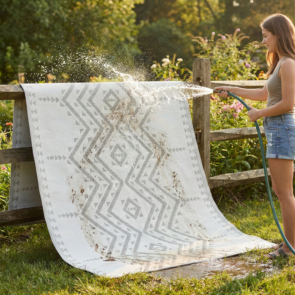 Ojai Beige Aztec Reversible Outdoor Patio Rug