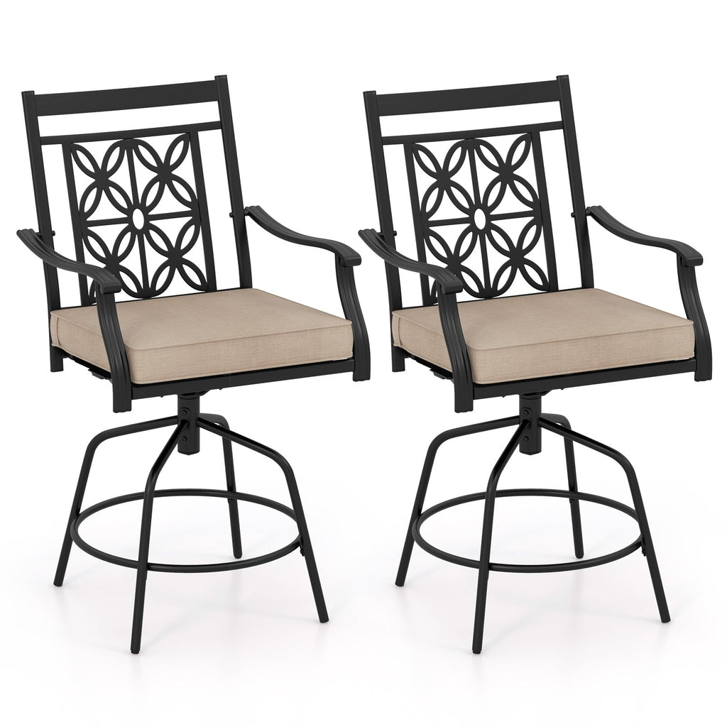 Set of 2 Outdoor 360° Swivel Bar Stools with Brown Cushions