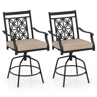 Set of 2 Outdoor 360° Swivel Bar Stools with Brown Cushions