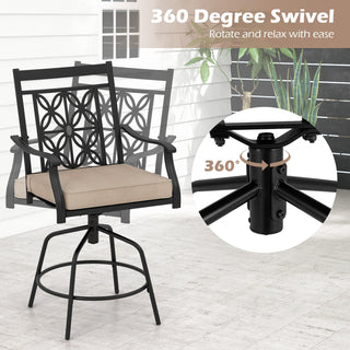 Set of 2 Outdoor 360° Swivel Bar Stools with Brown Cushions