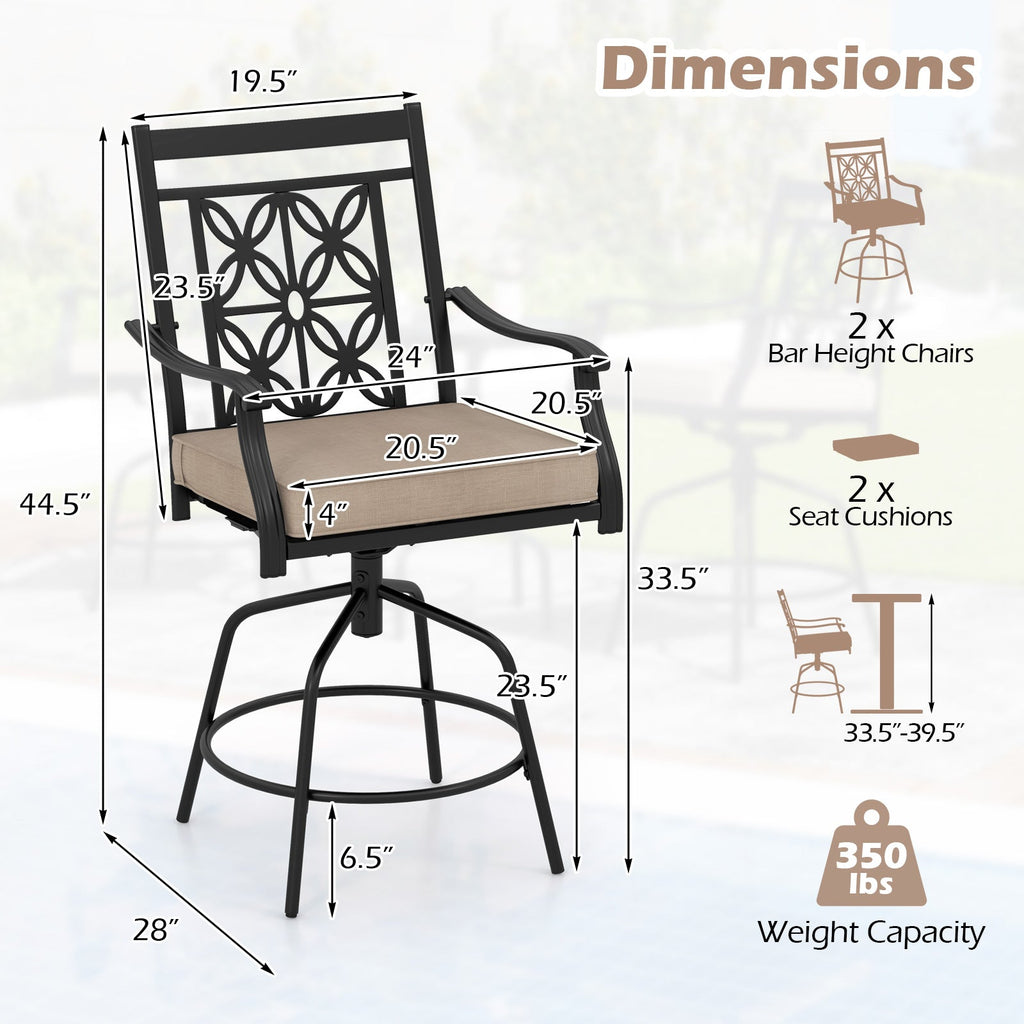 Set of 2 Outdoor 360° Swivel Bar Stools with Brown Cushions