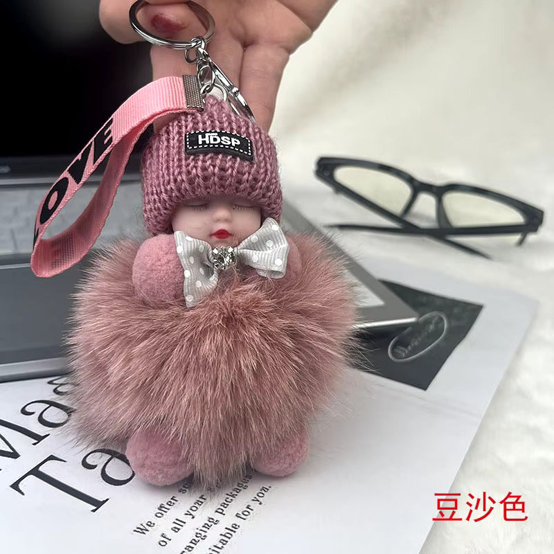 New Style Real Fox Fur Ball Pendant with Cute Sleeping Doll and Bowtie