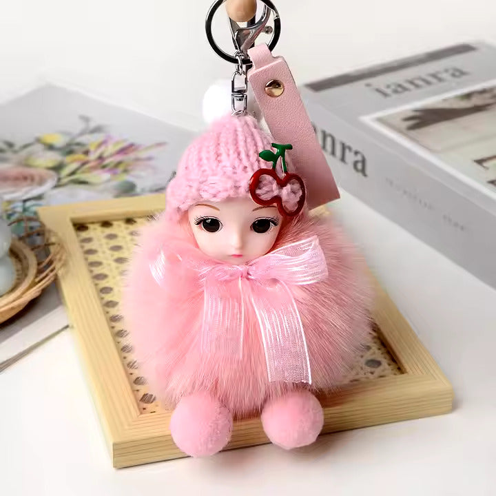 Luxury Custom Real Fox Fur Sleeping Doll Keychain – Cute Plush DIY Jewelry & Handbag Ornament