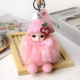 Luxury Custom Real Fox Fur Sleeping Doll Keychain – Cute Plush DIY Jewelry & Handbag Ornament