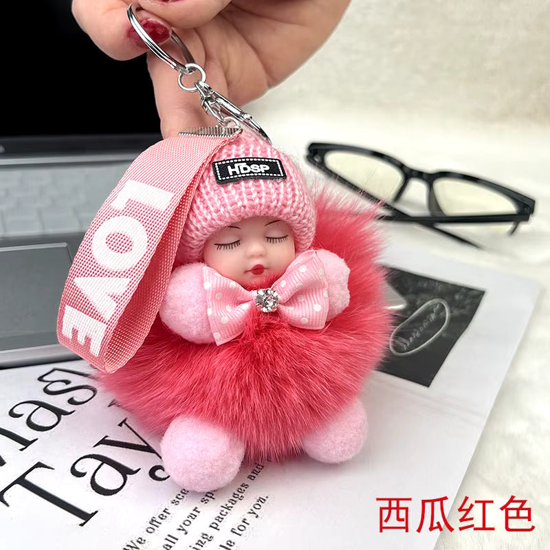 New Style Real Fox Fur Ball Pendant with Cute Sleeping Doll and Bowtie