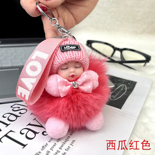 New Style Real Fox Fur Ball Pendant with Cute Sleeping Doll and Bowtie