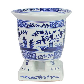 Dark Blue Footed Village Scene Planter