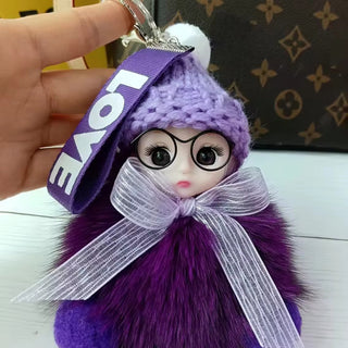 Cute Plush 3D Sleeping Baby Dolls Keychain Bag Charms with Fox Fur Pompoms