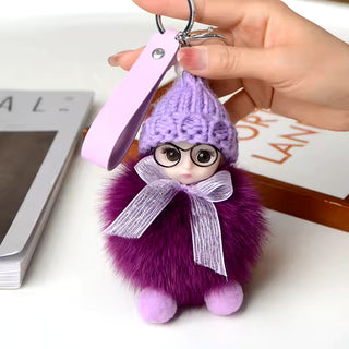 Luxury Custom Real Fox Fur Sleeping Doll Keychain – Cute Plush DIY Jewelry & Handbag Ornament