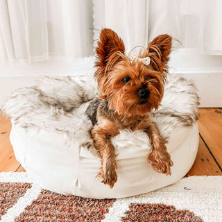 PupPouf™ Faux Fur Donut Dog Bed – White with Brown Accents