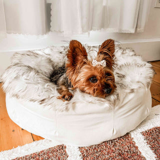 PupPouf™ Faux Fur Donut Dog Bed – White with Brown Accents