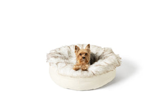 PupPouf™ Faux Fur Donut Dog Bed – White with Brown Accents