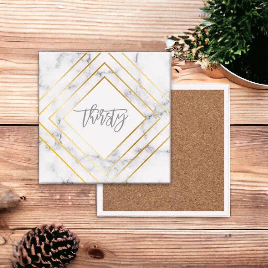 Golden Geometric Thirsty Coasters – Modern Ceramic Square & Diamond Designs