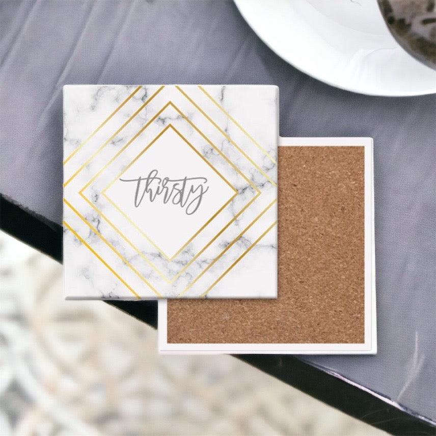 Golden Geometric Thirsty Coasters – Modern Ceramic Square & Diamond Designs