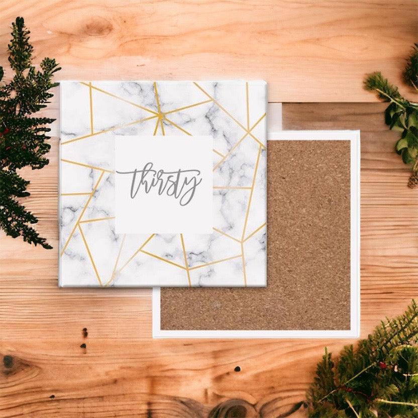 Golden Geometric Thirsty Coasters – Modern Ceramic Square & Diamond Designs