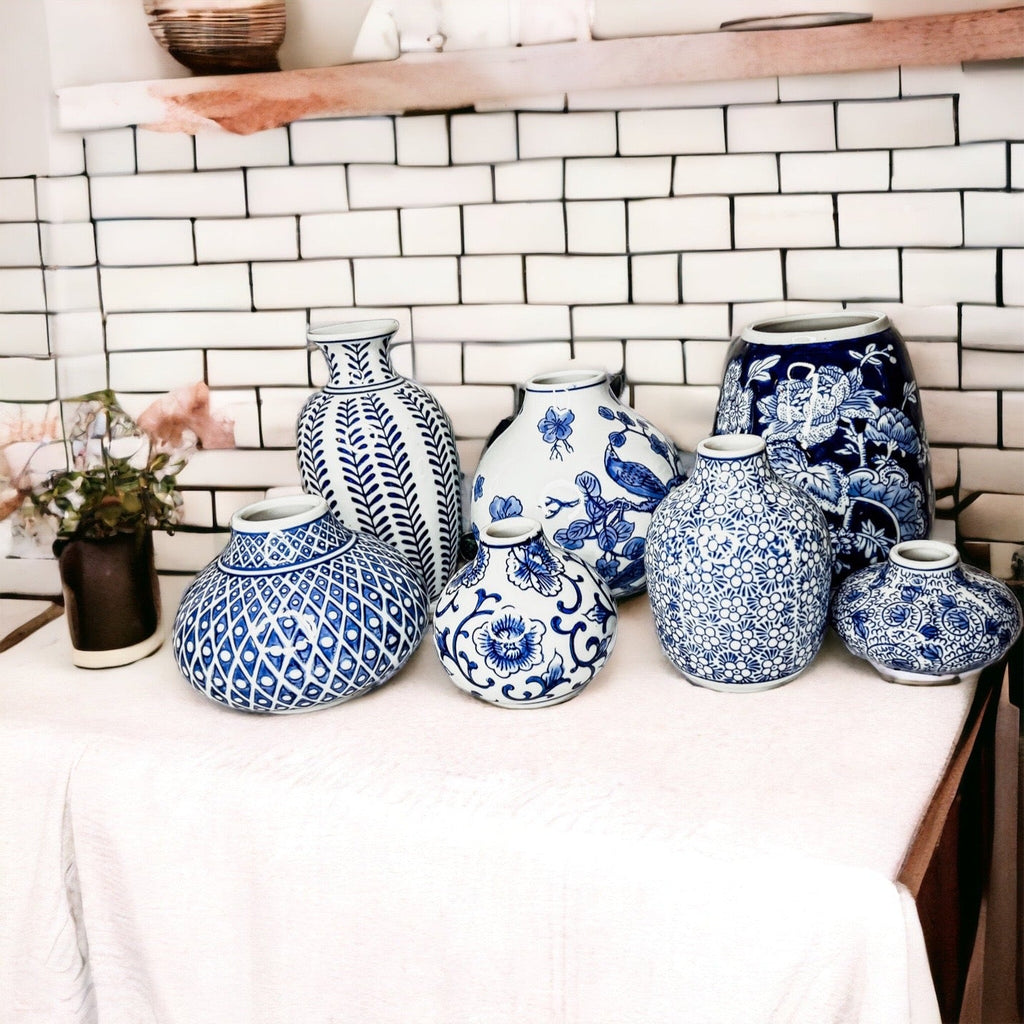Samira Blue & White Chinoiserie Porcelain Vases – Hand-Painted Collection
