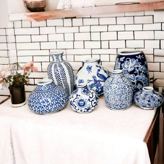Samira Blue & White Chinoiserie Porcelain Vases – Hand-Painted Collection