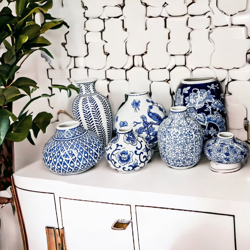 Samira Blue & White Chinoiserie Porcelain Vases – Hand-Painted Collection