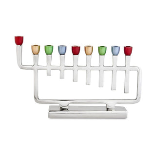 Polished Silver Metal  Menorah with Colorful Candle Cups