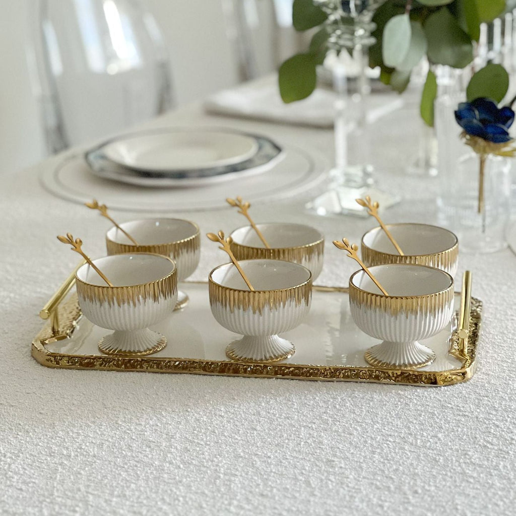 Porcelain Dessert Bowls with Coordinating Tray & Spoon | Gold & Pearl Trim