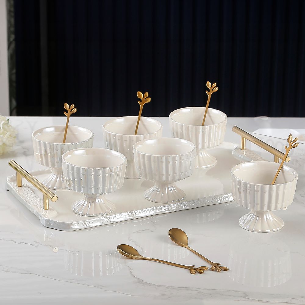 Porcelain Dessert Bowls with Coordinating Tray & Spoon | Gold & Pearl Trim