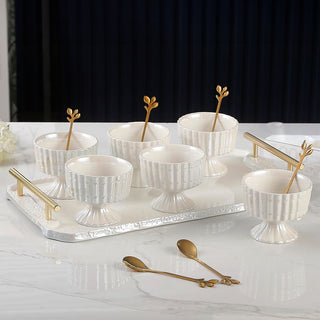 Porcelain Dessert Bowls with Coordinating Tray & Spoon | Gold & Pearl Trim