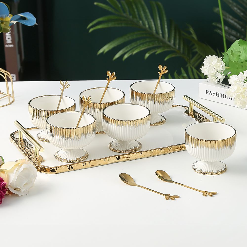 Porcelain Dessert Bowls with Coordinating Tray & Spoon | Gold & Pearl Trim