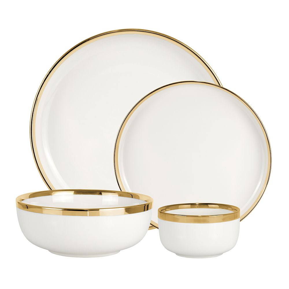 White Porcelain Dinnerware Set with Gold Accents – 16 Piece