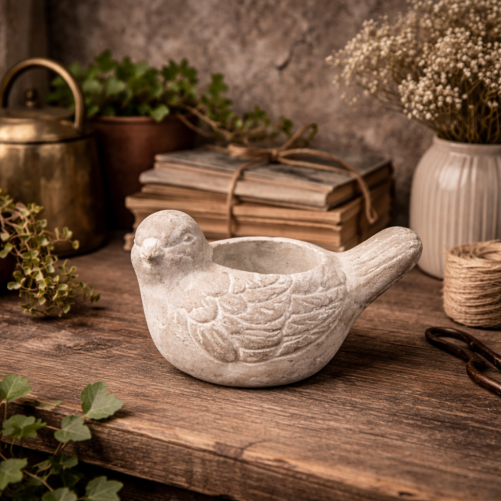 Distressed Stone-Finish Bird Candle Holder