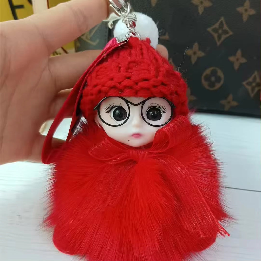 Cute Plush 3D Sleeping Baby Dolls Keychain Bag Charms with Fox Fur Pompoms