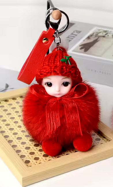 Luxury Custom Real Fox Fur Sleeping Doll Keychain – Cute Plush DIY Jewelry & Handbag Ornament