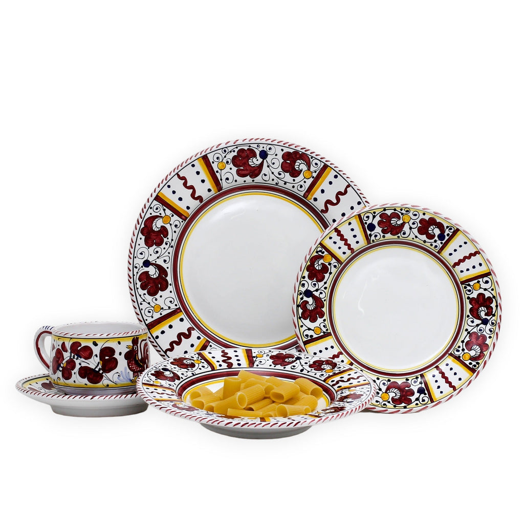 ORVIETO RED ROOSTER: 5 Pieces Dinnerware Place Setting - White Center