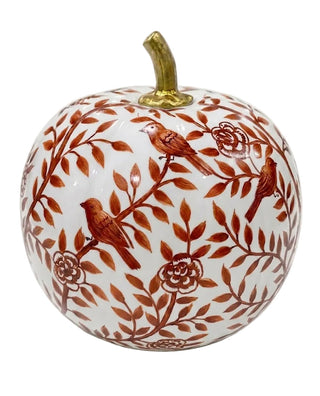 Rusty Red Bird & Vine Hand-Painted Metal Pumpkin – 8-Inch