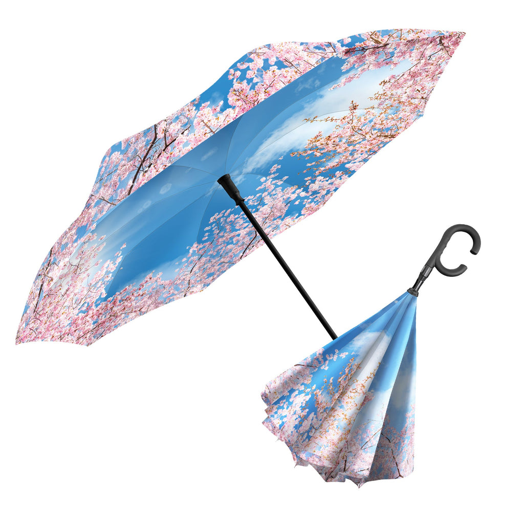 Cherry Blossoms Reverse Inverted Umbrella –  Windproof, Hands-Free
