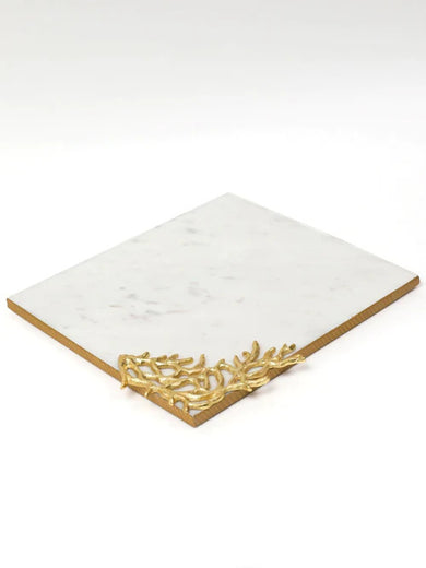 Rectangular Marble Tray with Metal Gold Branch Details