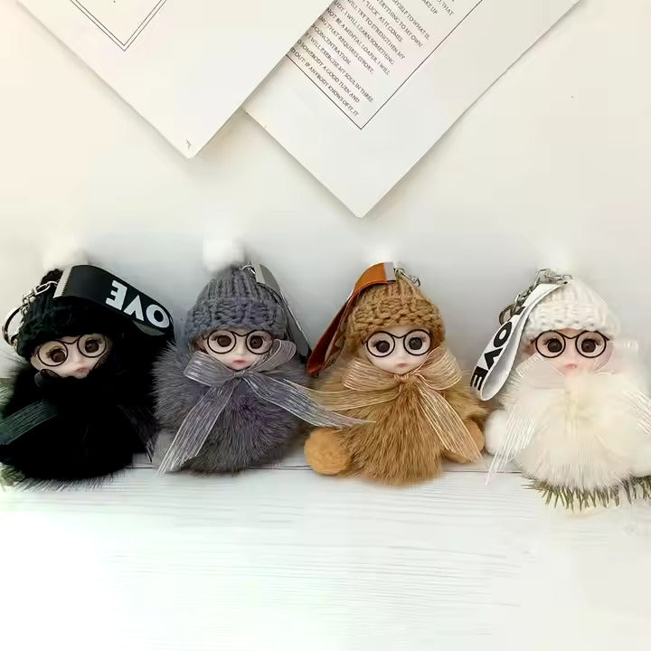 Cute Plush 3D Sleeping Baby Dolls Keychain Bag Charms with Fox Fur Pompoms