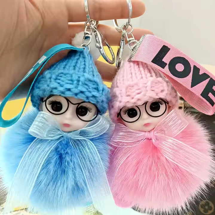 Cute Plush 3D Sleeping Baby Dolls Keychain Bag Charms with Fox Fur Pompoms