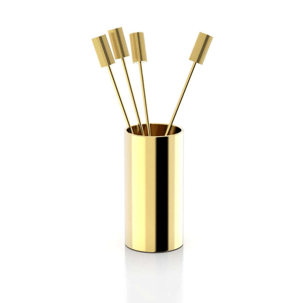 Striations Cocktail Picks in Holder, Gold, Set of 4