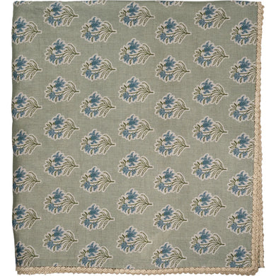 Floral Lace Edge Tablecloth – Linen Cotton Blend Tablecloth in Sage Green, Gray & Cinnamon Brown