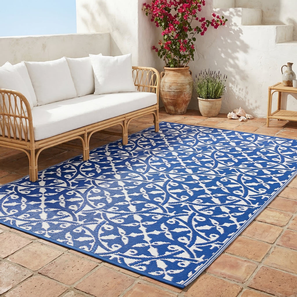 Dark Blue Farmhouse Reversible Outdoor Patio Rug